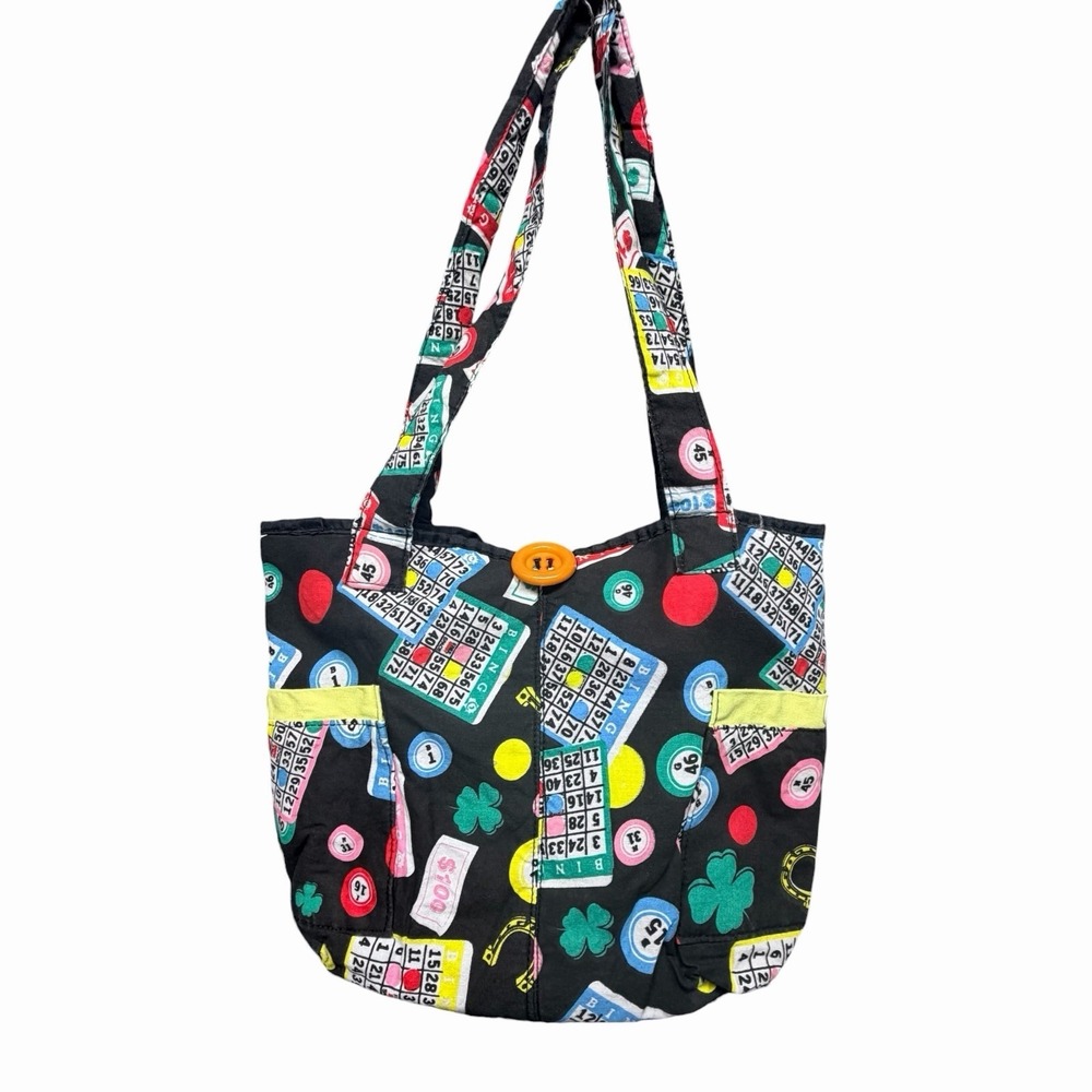 Bingo Print Tote Bag Black Multicolor Shoulder Bag Lucky Clover‎ Casino Theme